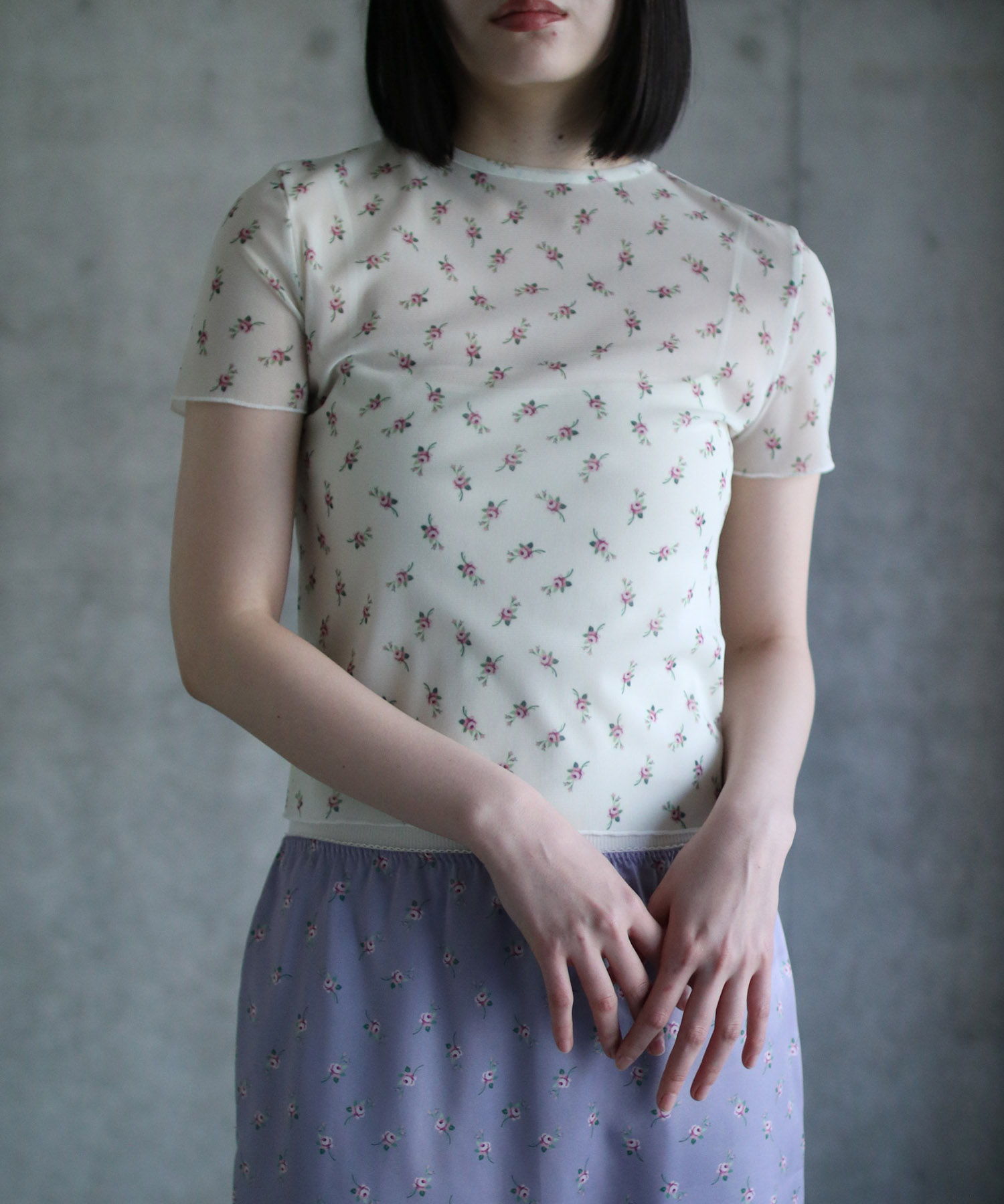 FLORAL STRECH TULLE H/S TOP