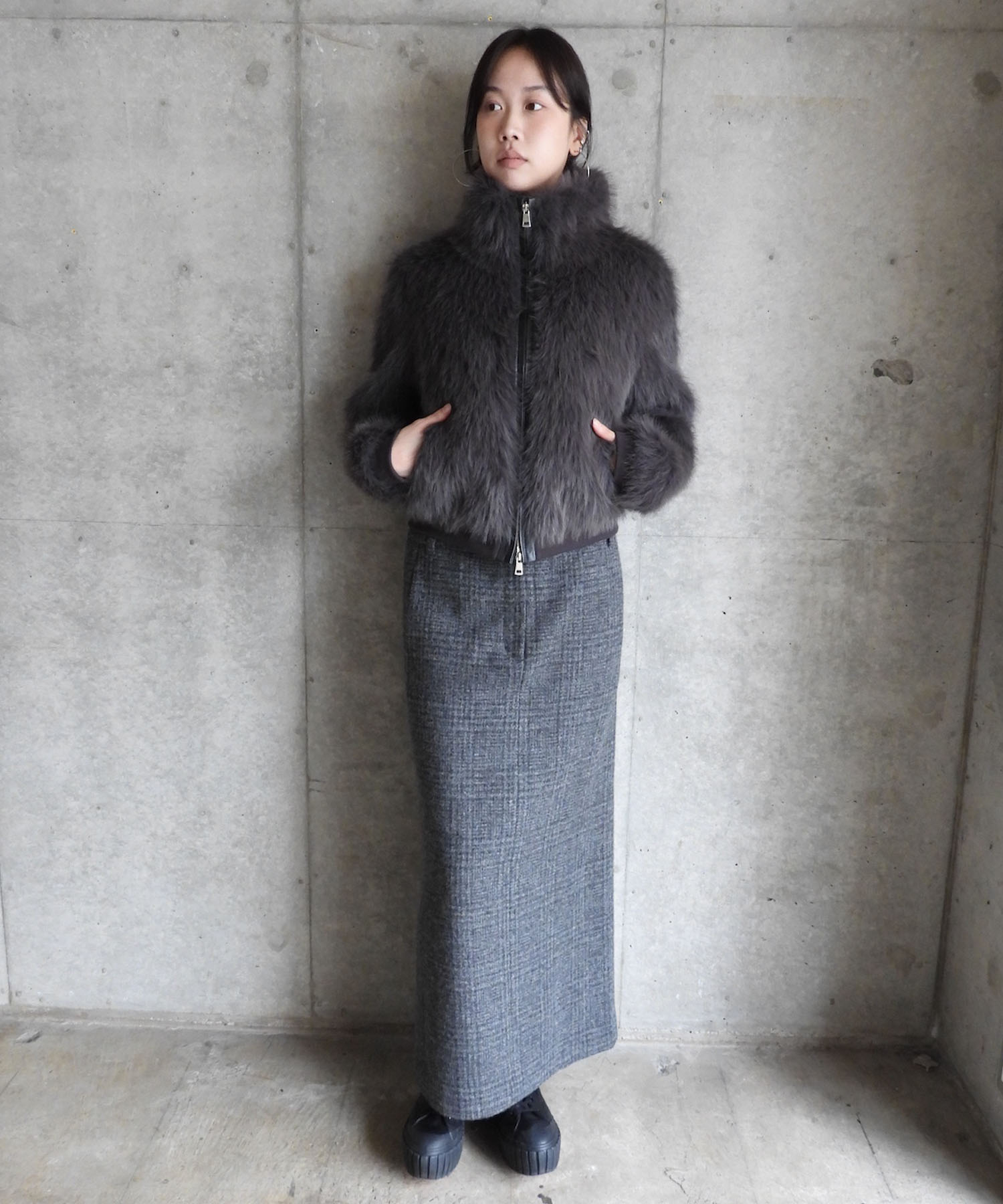 WOOL CHECK LONG SKIRT