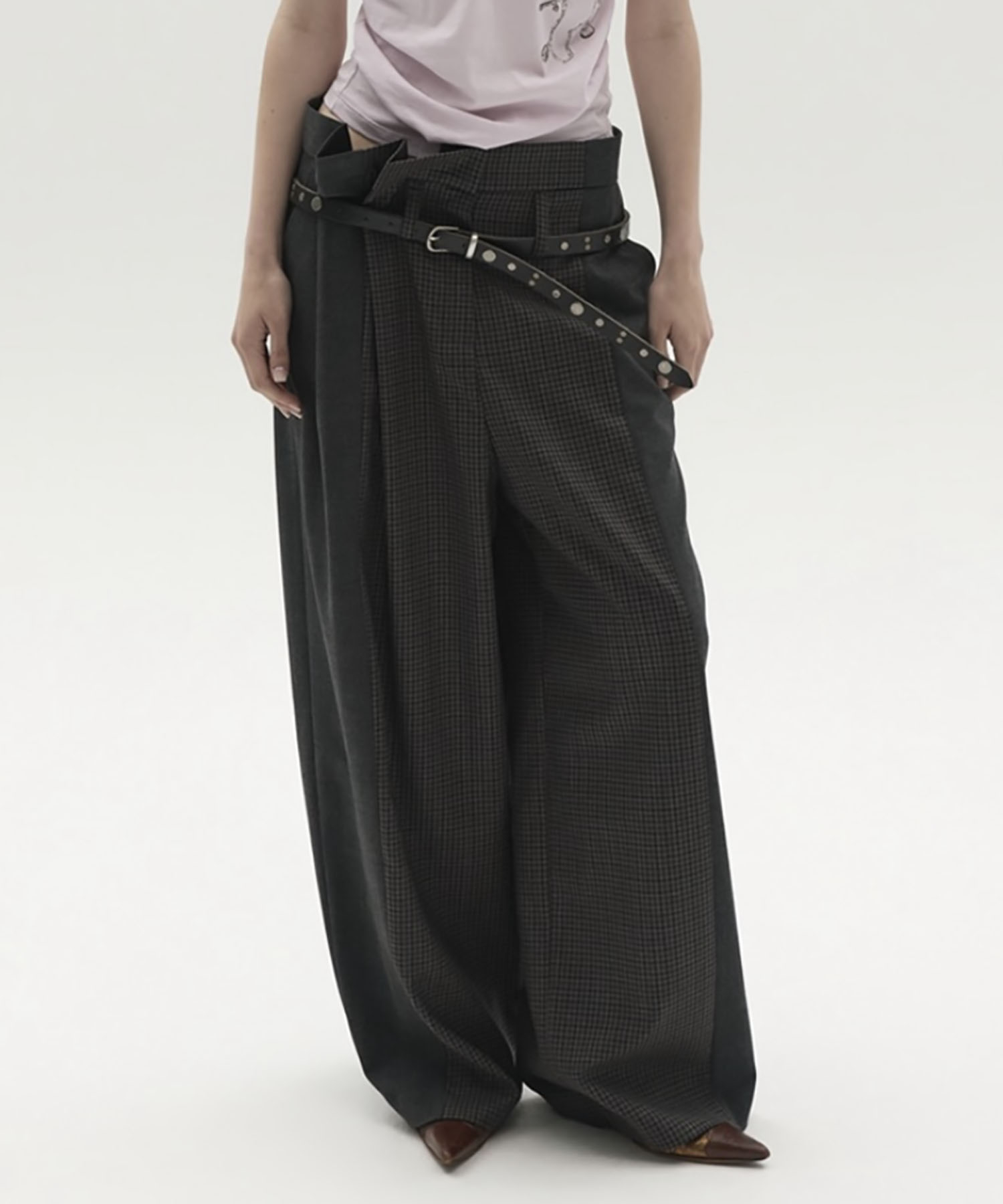 MIXED-CHECK TAILORED TROUSERS